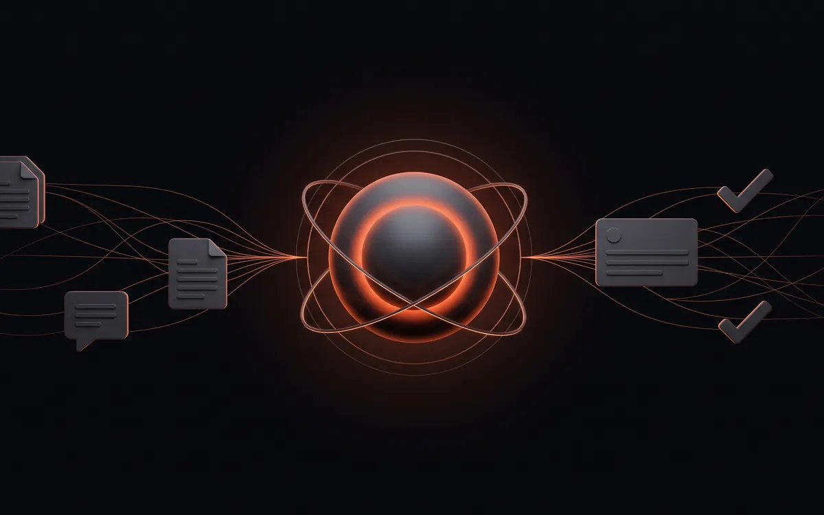Illustration of documents and a chat message flowing into a glowing sphere with orbit rings, and an answer card with checkmarks coming out the other side.