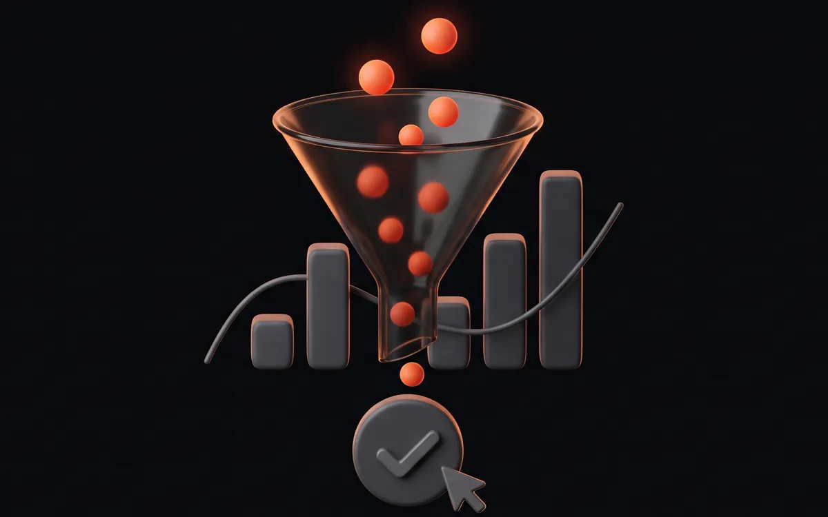 Illustration of a glass funnel with orange dots passing through it, rising bar shapes and a trend line behind it, and a checkmark button being clicked below.