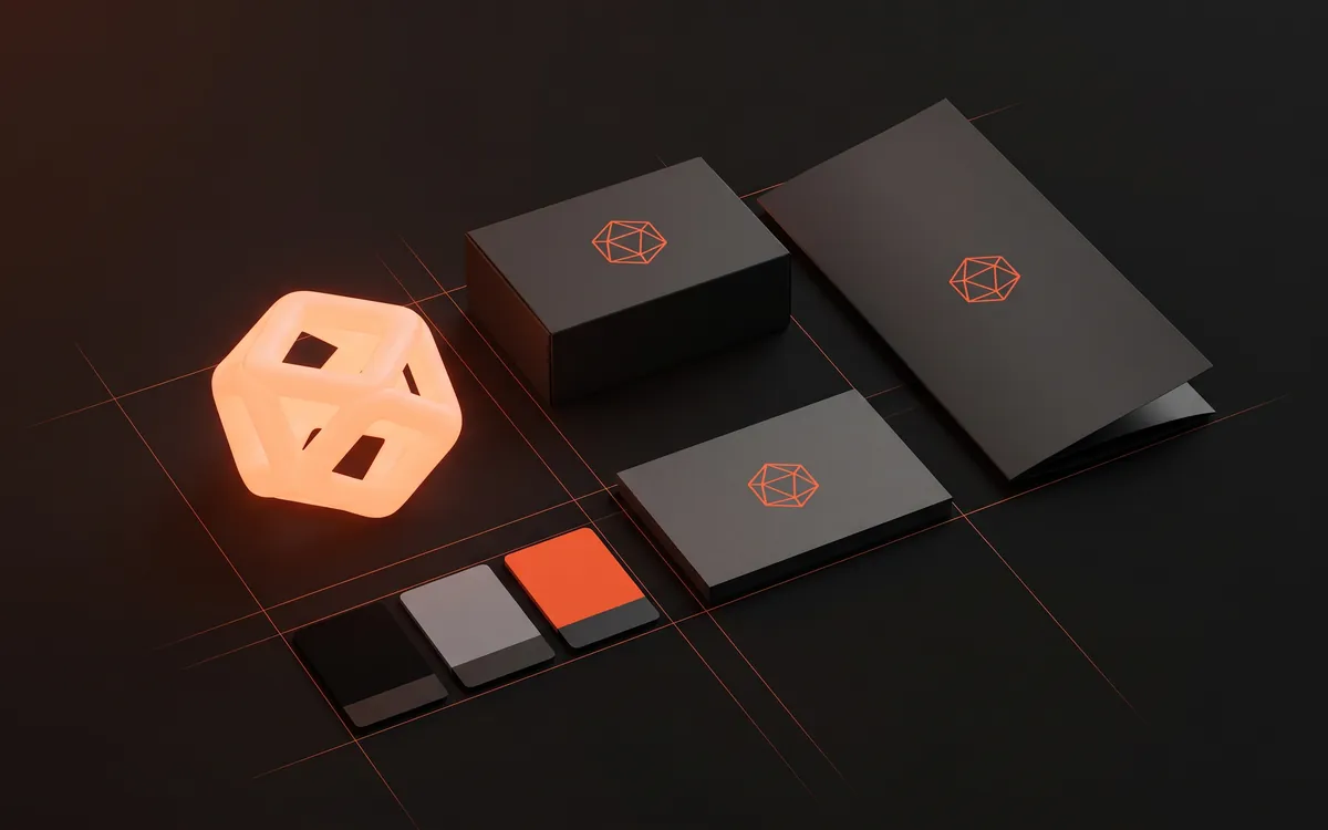 Illustration of one brand applied across items: a glowing geometric shape, a geometric mark on a box, a business card and a folded brochure, and black, gray and orange color swatches.