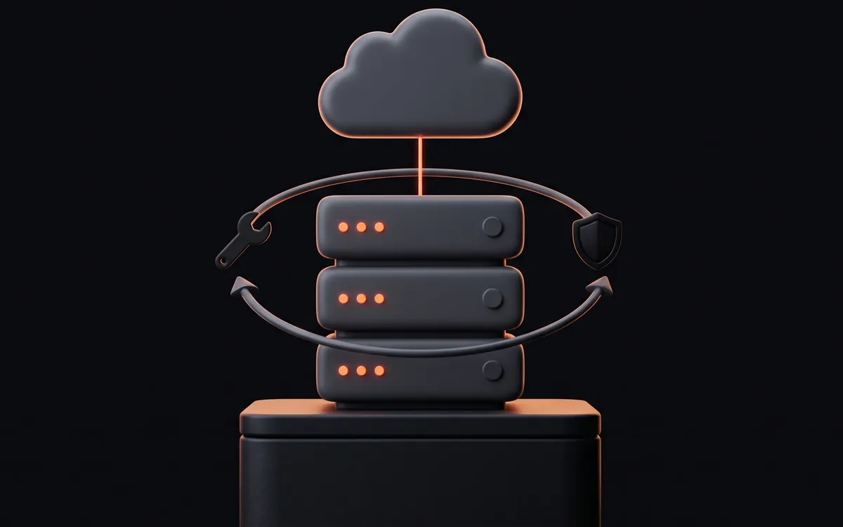 Illustration of a stack of servers with orange status lights under a cloud, circled by an arrow loop carrying a wrench and a shield.