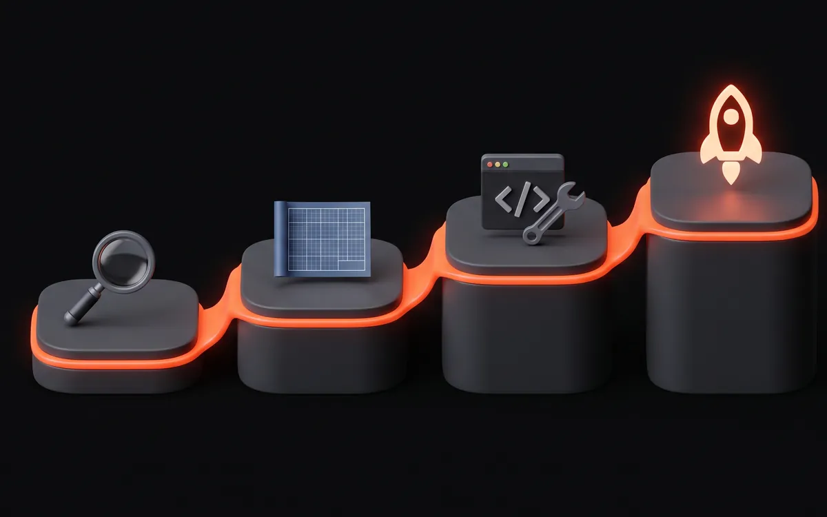 Illustration of four rising steps joined by a glowing orange path: a magnifying glass, a blueprint, a code window with a wrench, and a glowing rocket.