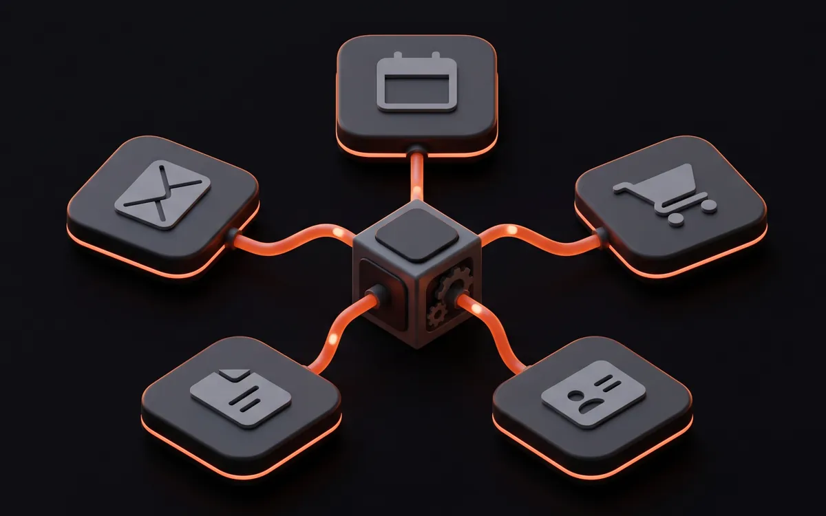 Illustration of five app tiles for email, a calendar, a cart, a document and a contact card, each connected by a glowing orange line to a central hub with gears.