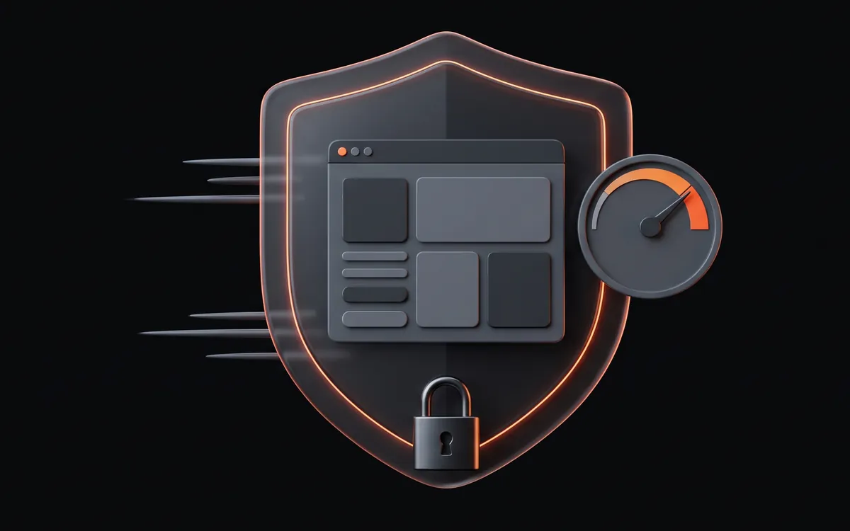 Illustration of a web page inside a shield, with a padlock at the bottom, a speed gauge with its needle in the orange zone, and motion lines to one side.