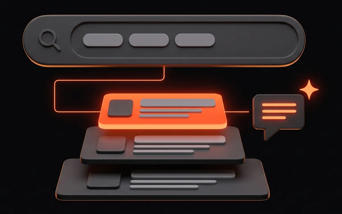 Illustration of a search bar above three stacked result cards, the top card glowing orange and linked to a speech bubble with an answer, marked by a small spark.