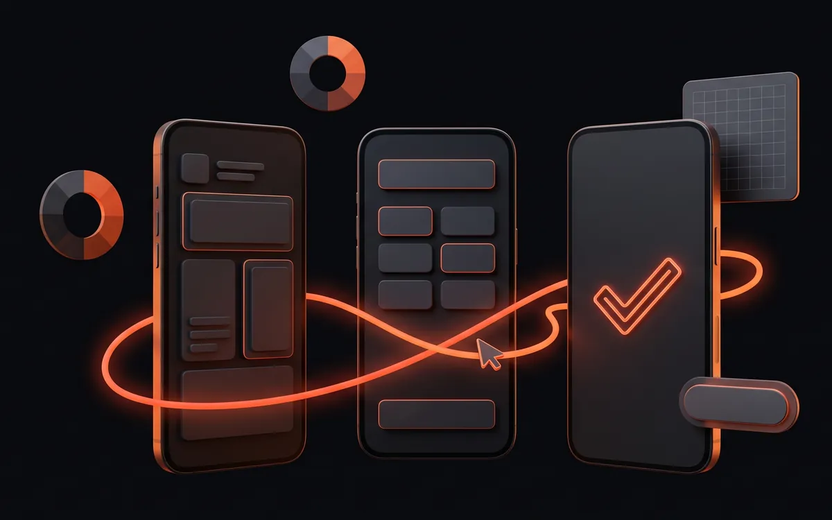 Illustration of three phone screens joined by a glowing path with a cursor, moving from a content layout to a set of choices to a checkmark, with color swatches and a layout grid nearby.