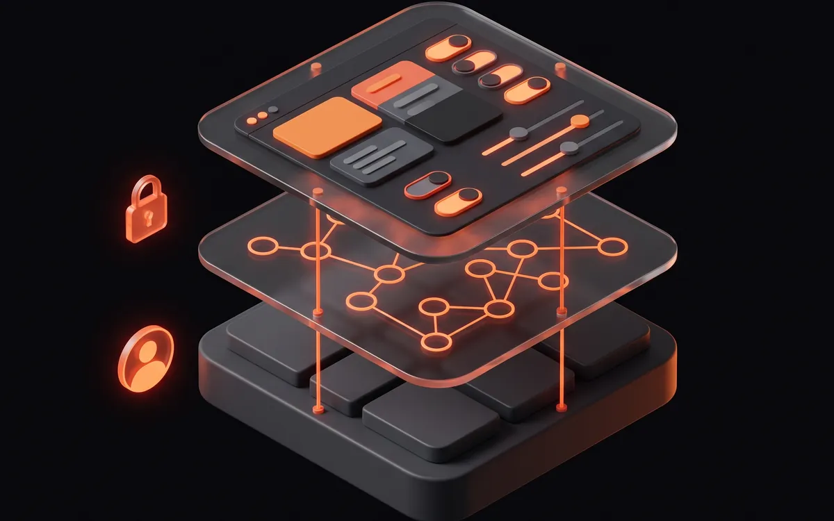 Illustration of an application in three stacked layers: an interface with switches and sliders, a layer of connected nodes, and a foundation block, beside a padlock and a user account icon.